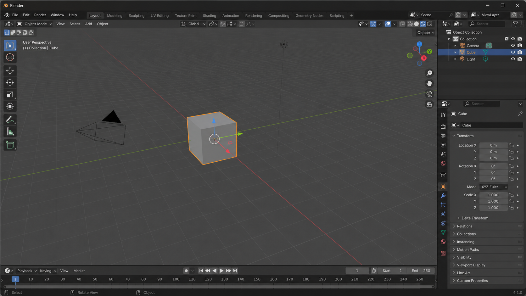 Blender viewport with the default cube selected