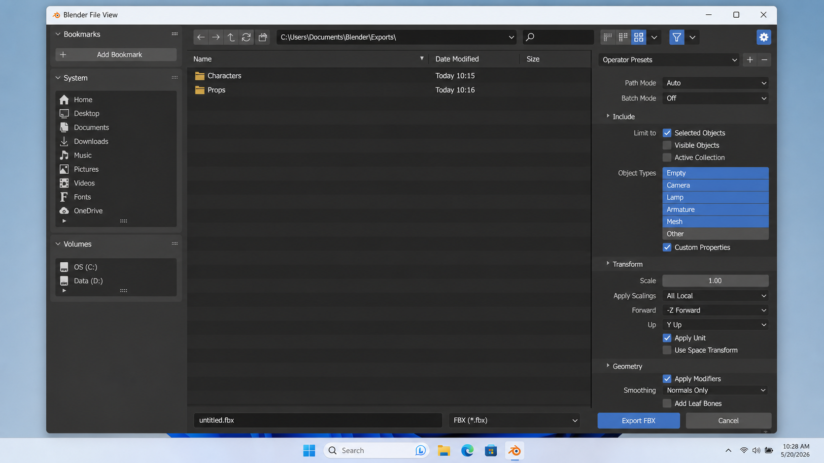 Blender FBX export dialog with default options