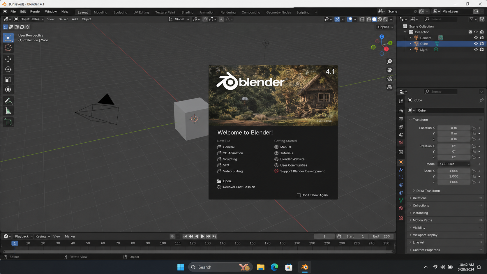 Blender splash screen on first launch