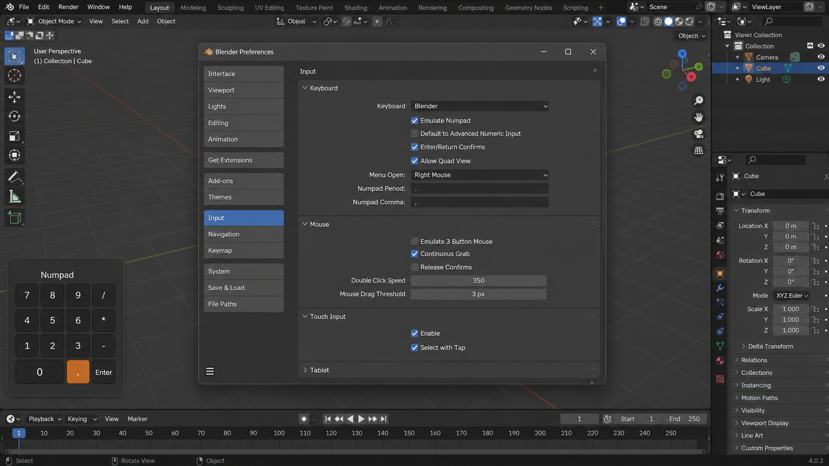 Blender input preferences with touch input enabled